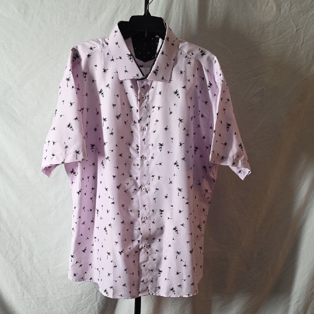 Men's Pink With Black Palm Trees Casual Button Down Shirt. 4XL. Made In Miami